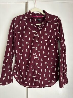 Talbots Cotton Burgundy Button-Down Shirt with White Cat Print